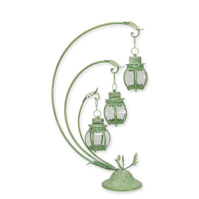 3 HANGING TIN LANTERNS AN STAND