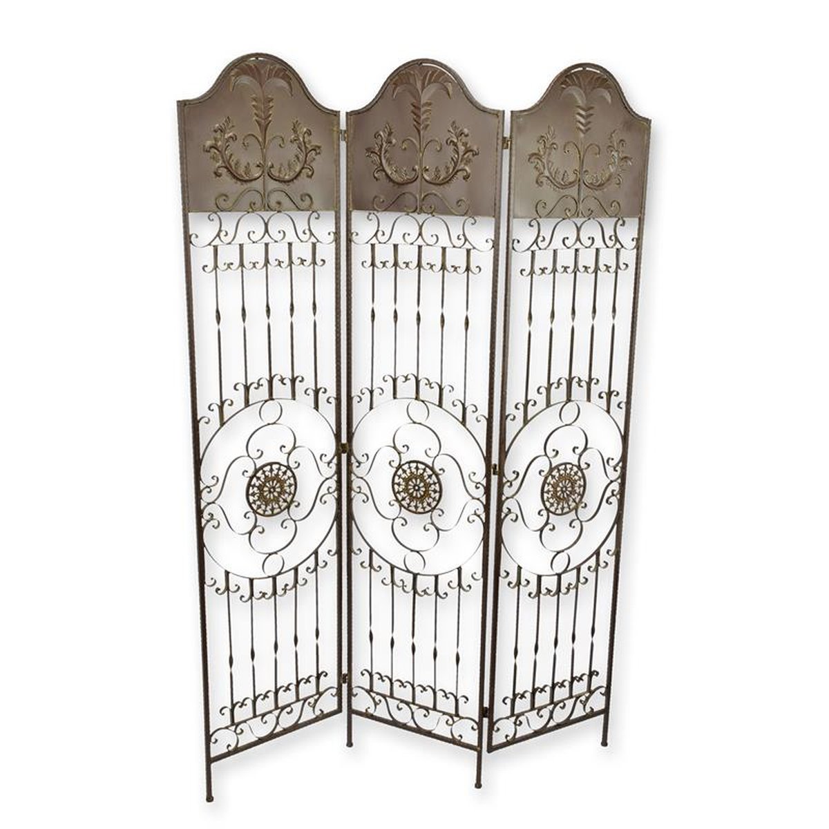 A 3 PANEL IRON PARAVENT - BROWN