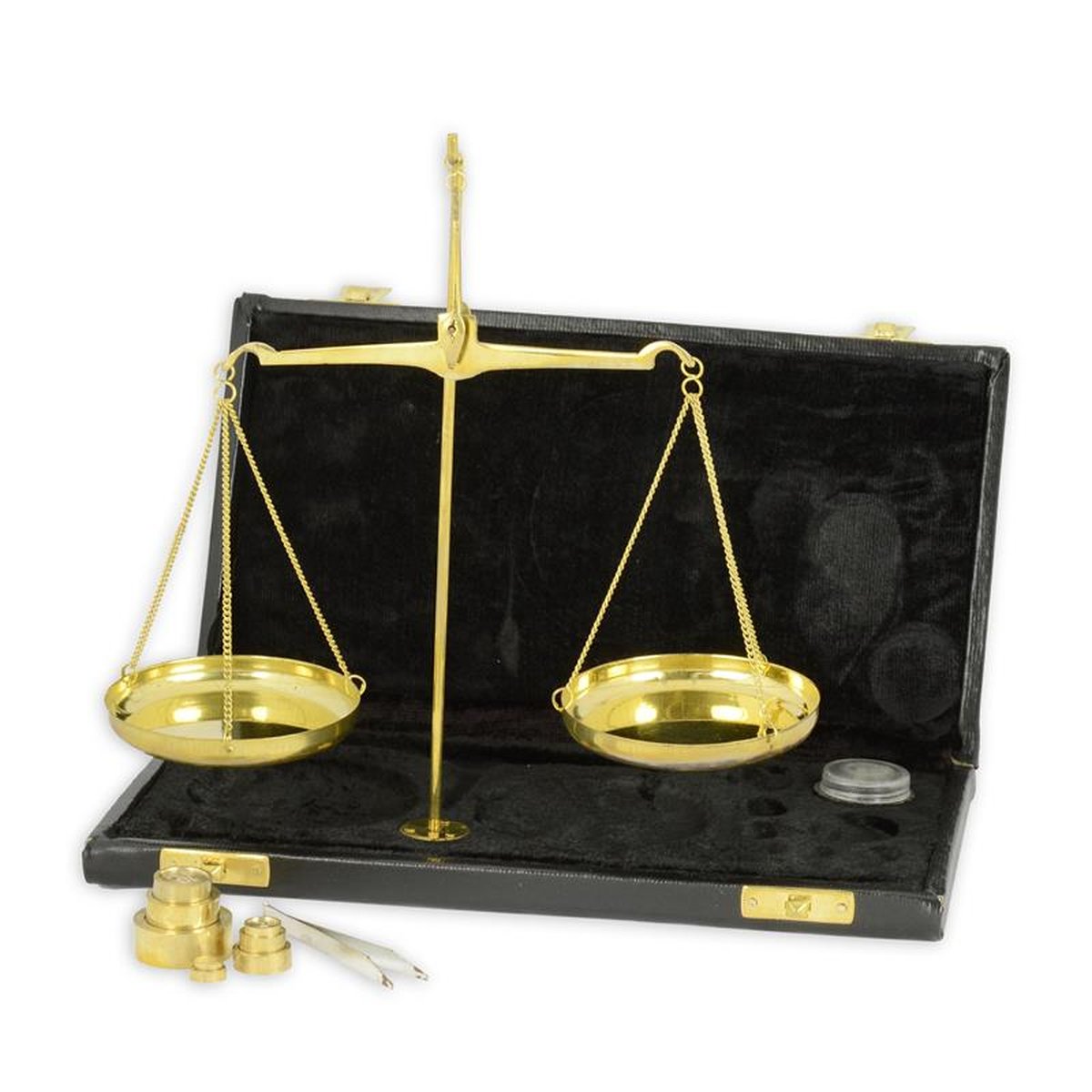 A BRASS APOTHECARY SCALE IN BOX