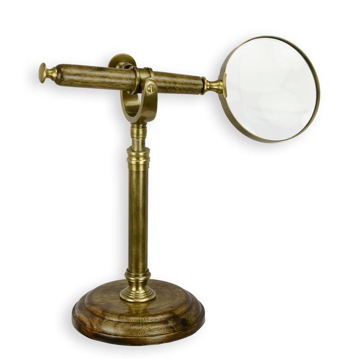 A BRASS MAGNIFYING-GLASS ON A STAND