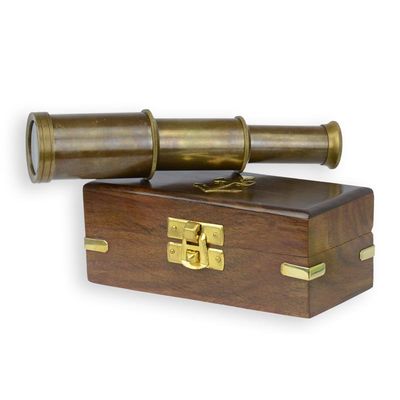 A BRASS MONOCULAR IN WOODEN BOX