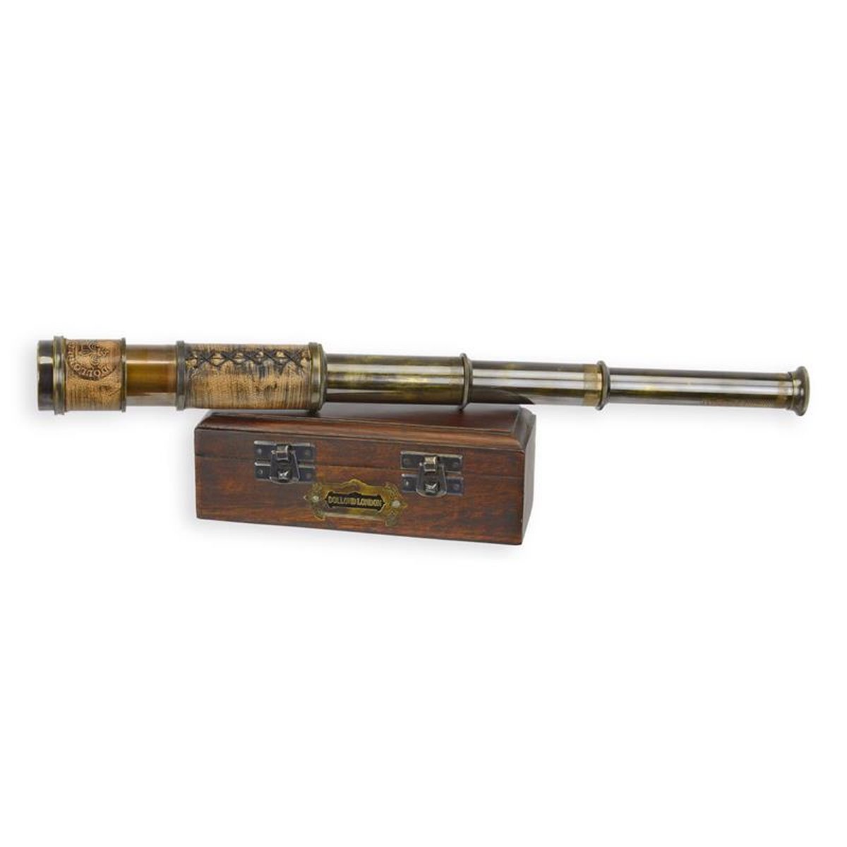 A BRASS MONOCULAR IN WOODEN BOX