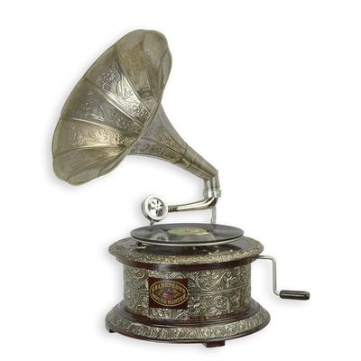 A BRASS MOUNTED ROUND GRAMOPHONE