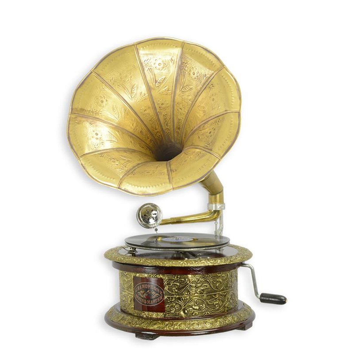 A BRASS MOUNTED ROUND GRAMOPHONE