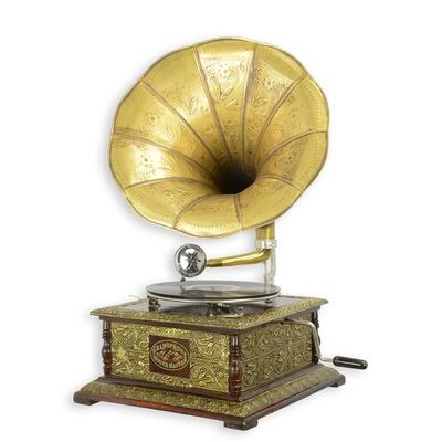 A BRASS MOUNTED SQUARE GRAMOPHONE