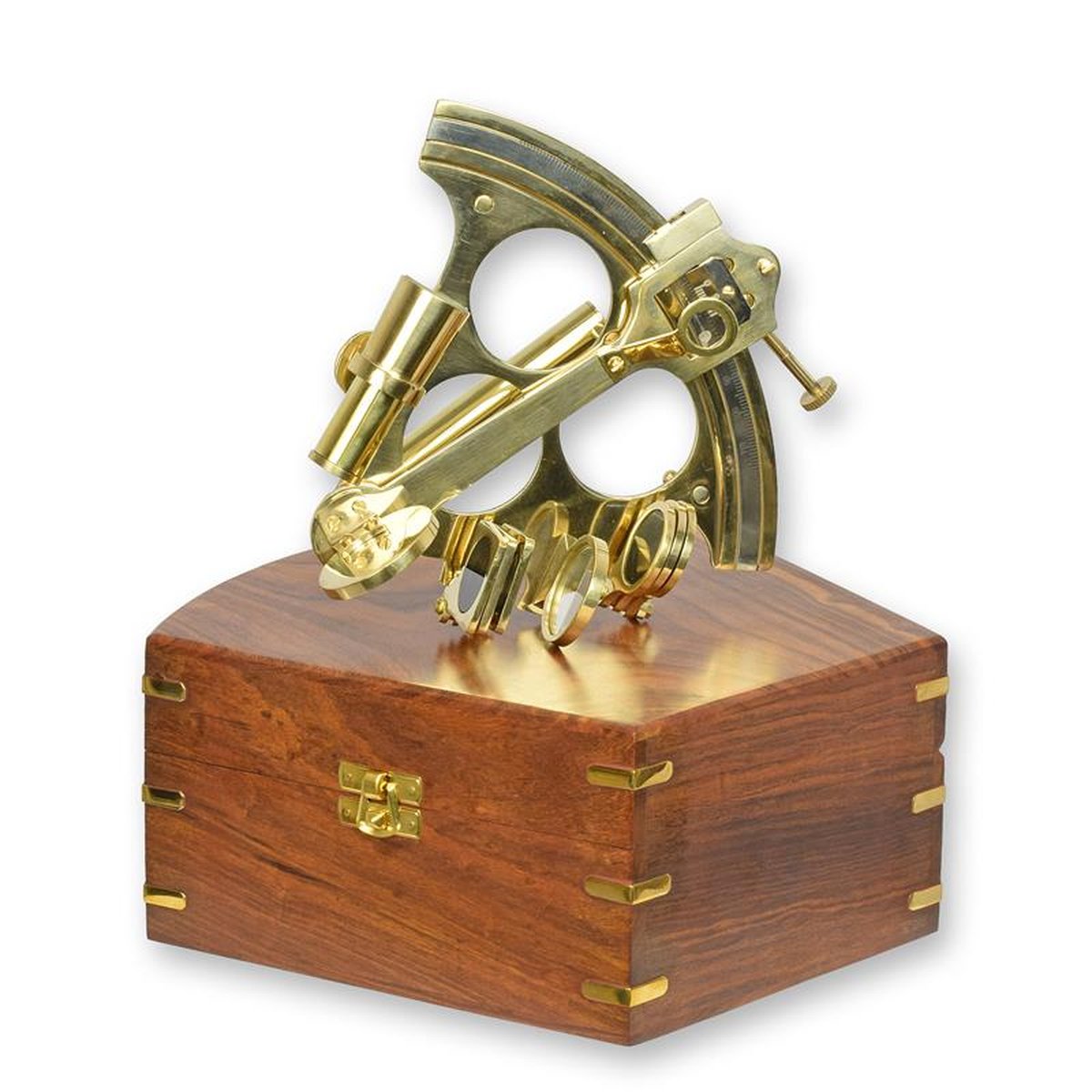 A BRASS SEXTANT IN WOODEN BOX