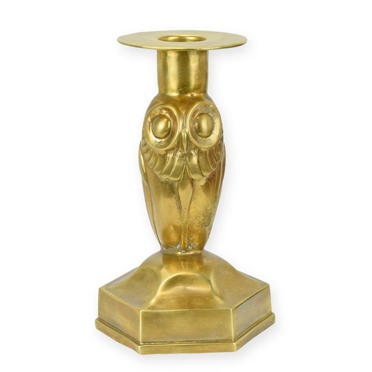 A BRONZE ART DECO OWL CANDLESTICK