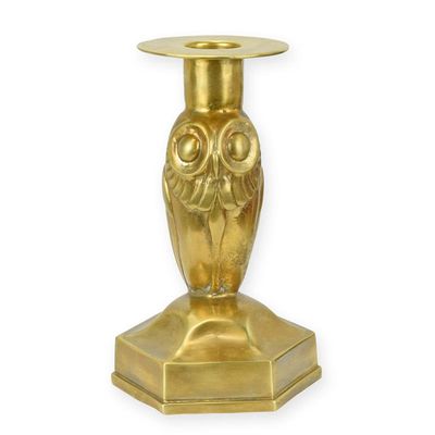 A BRONZE ART DECO OWL CANDLESTICK