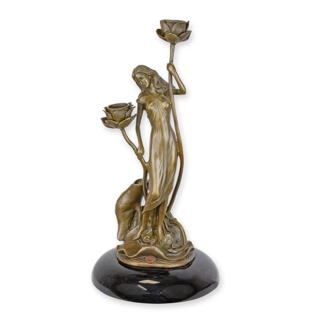 A BRONZE ART NOUVEAU CANDLEHOLDER