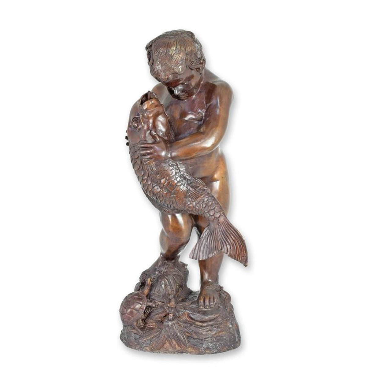 A BRONZE BOY WITH FISH FOUNTAIN
