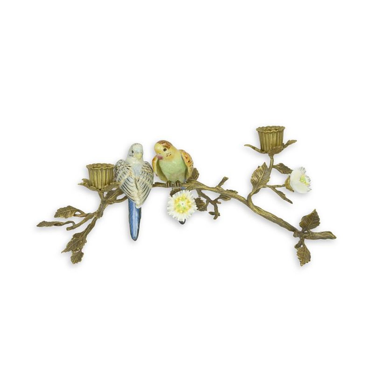 A BRONZE CANDLE STAND MOUNTED WITH PORCELAIN BIRDS