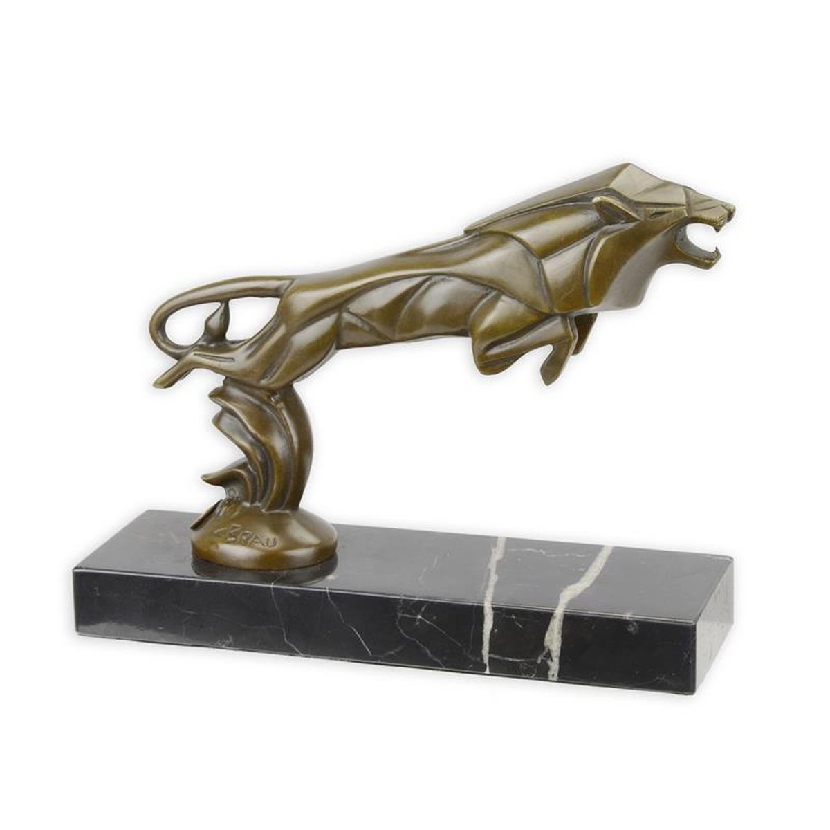 A BRONZE CAR MASCOT OF A LEAPING LION