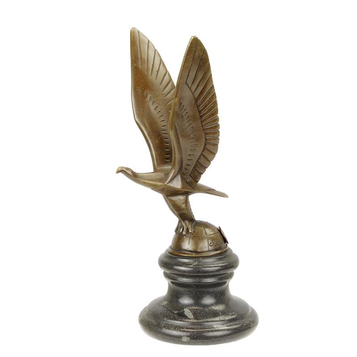 A BRONZE CAR MASCOTTE OF AN EAGLE ON GLOBE