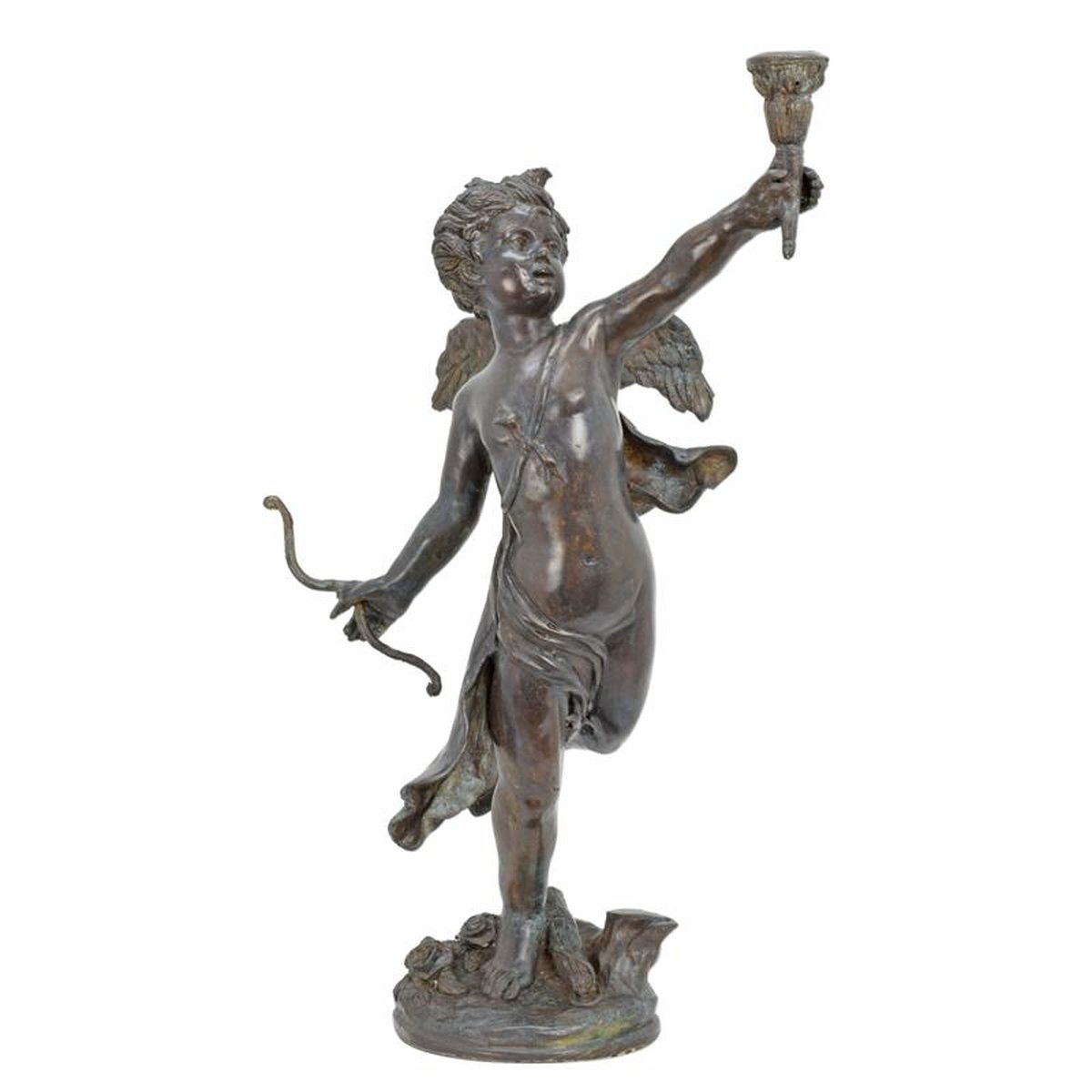 A BRONZE CUPID CANDLE HOLDER