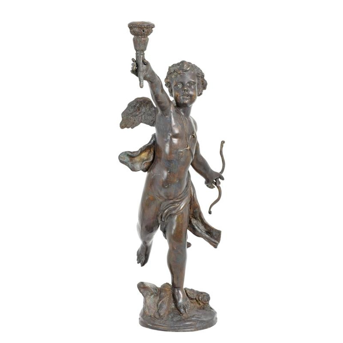 A BRONZE CUPID CANDLE HOLDER