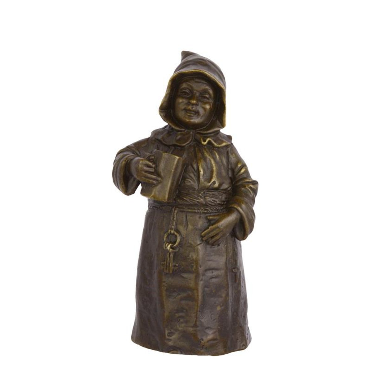 A BRONZE FIGURAL TABLE BELL OF A DRINKING MONK