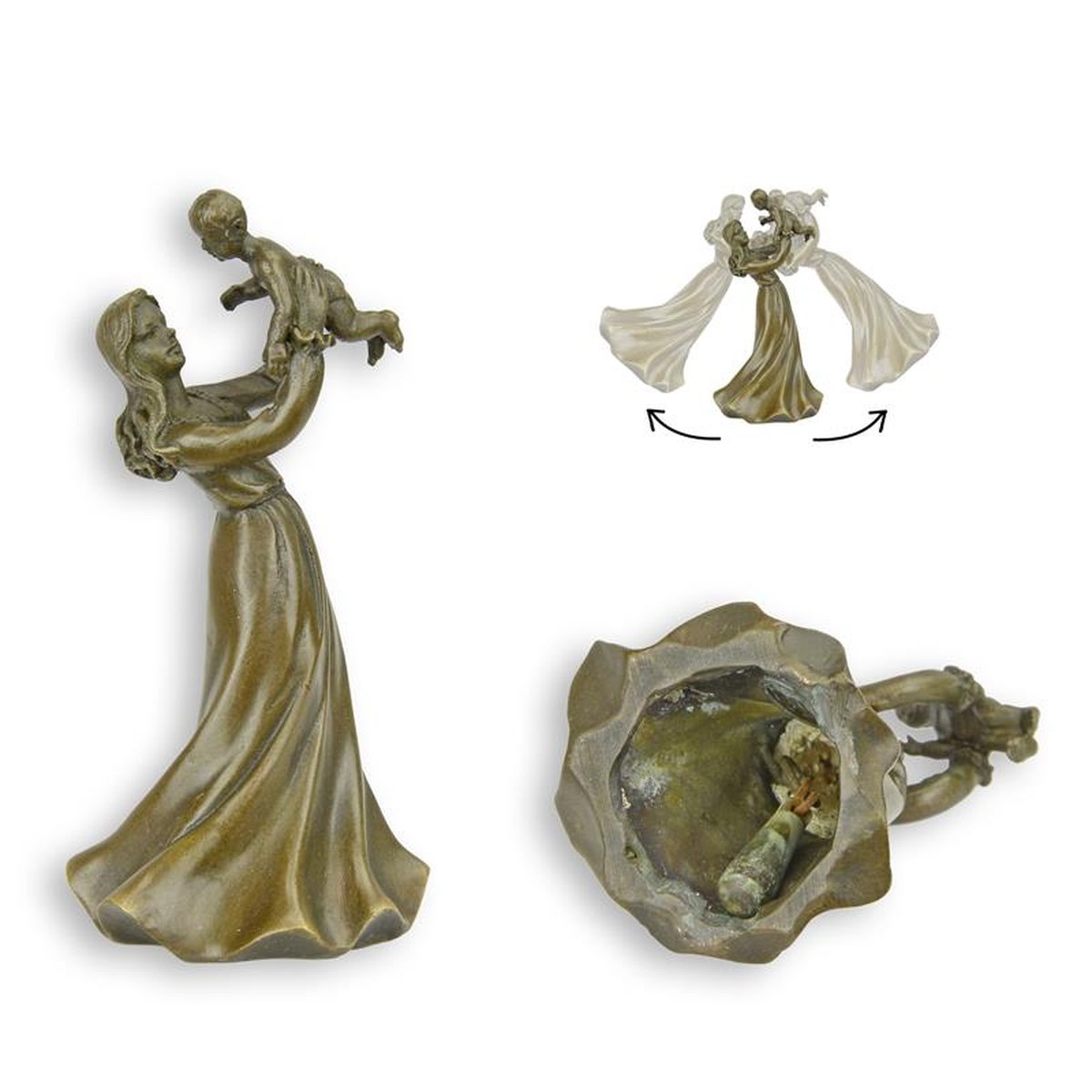 A BRONZE FIGURAL TABLE BELL OF A YOUNG LADY WITH CHILD