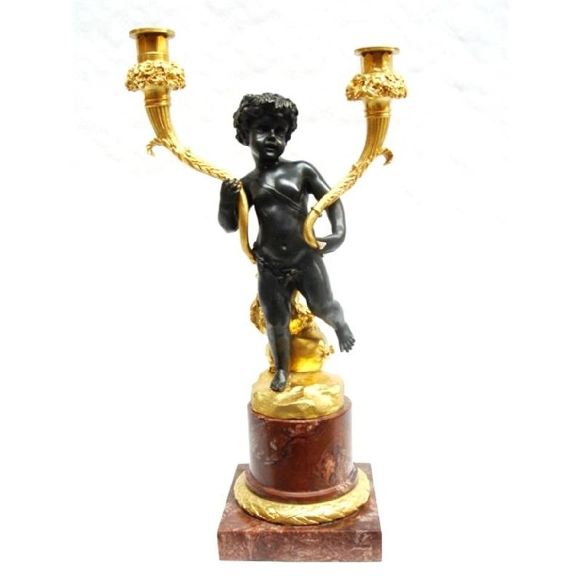A BRONZE FIGURAL TWIN-BRANCH CANDELABRUM