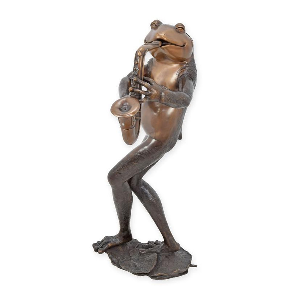 A BRONZE FOUNTAIN OF A FROG PLAYING THE SAX