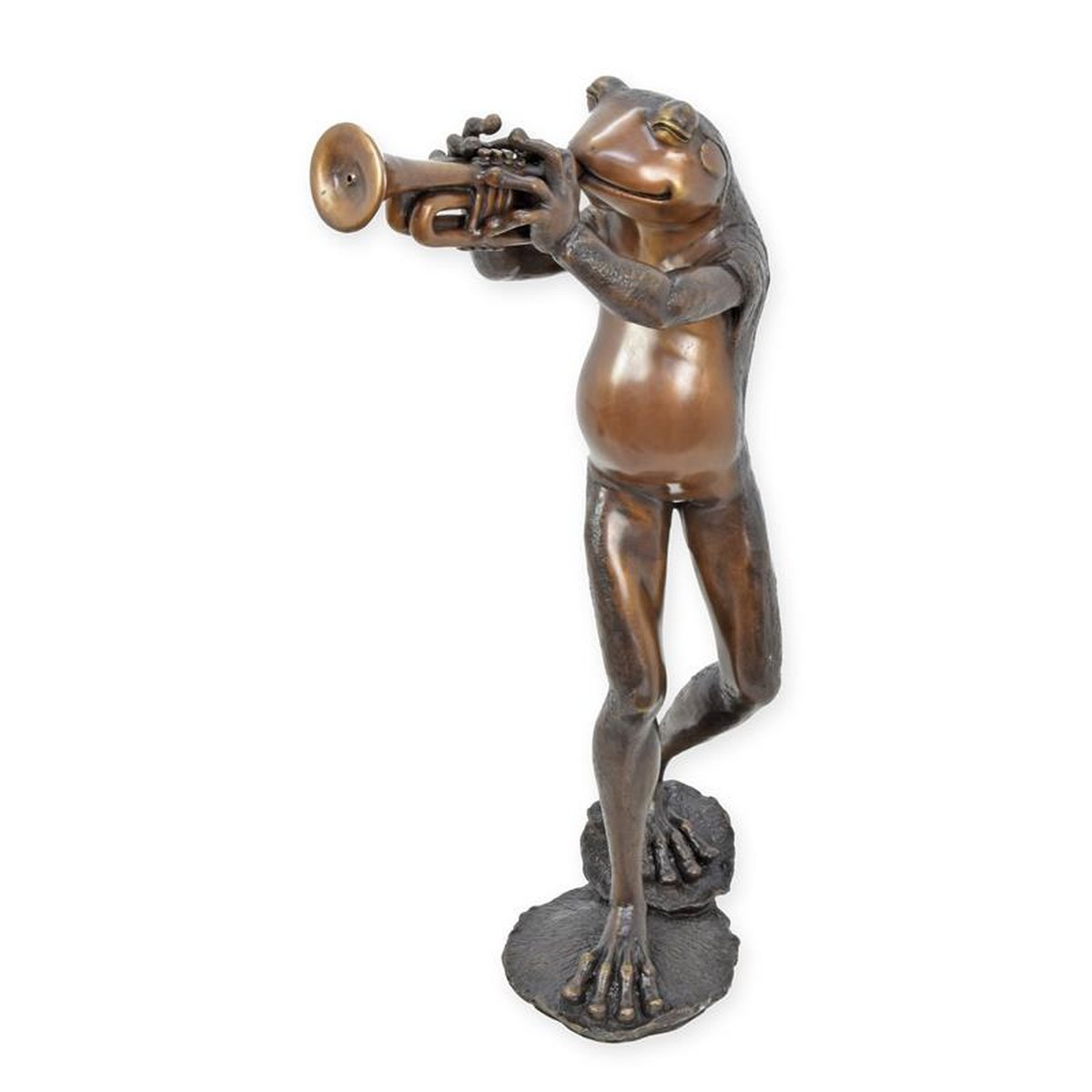A BRONZE FOUNTAIN OF A FROG PLAYING TRUMPET
