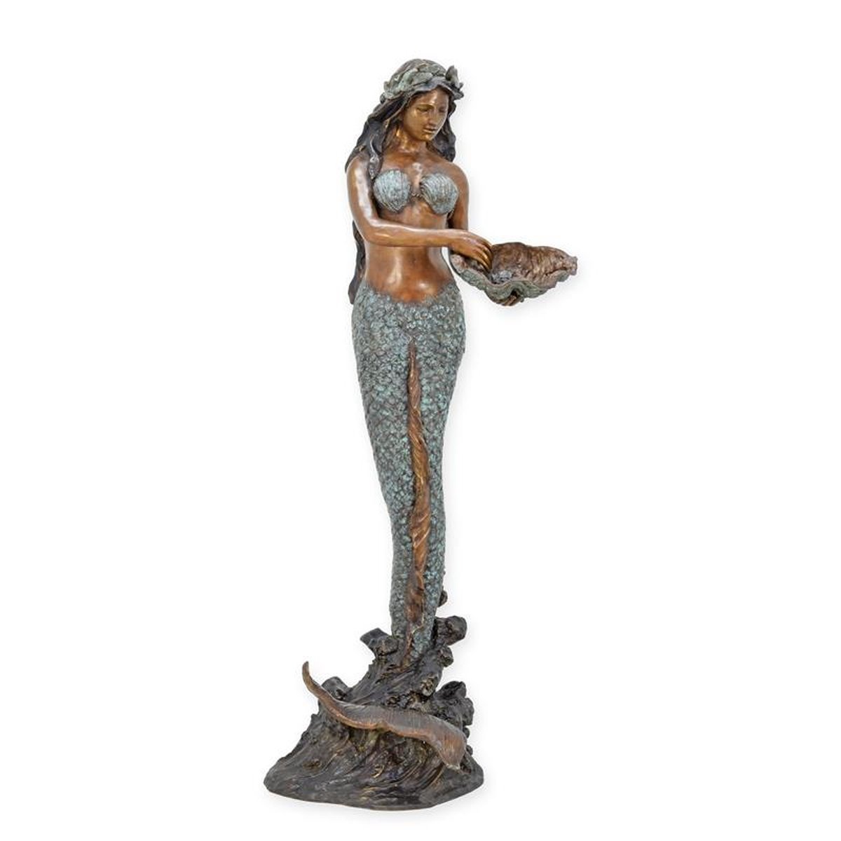 A BRONZE FOUNTAIN OF A MERAID HOLDING A SHELL