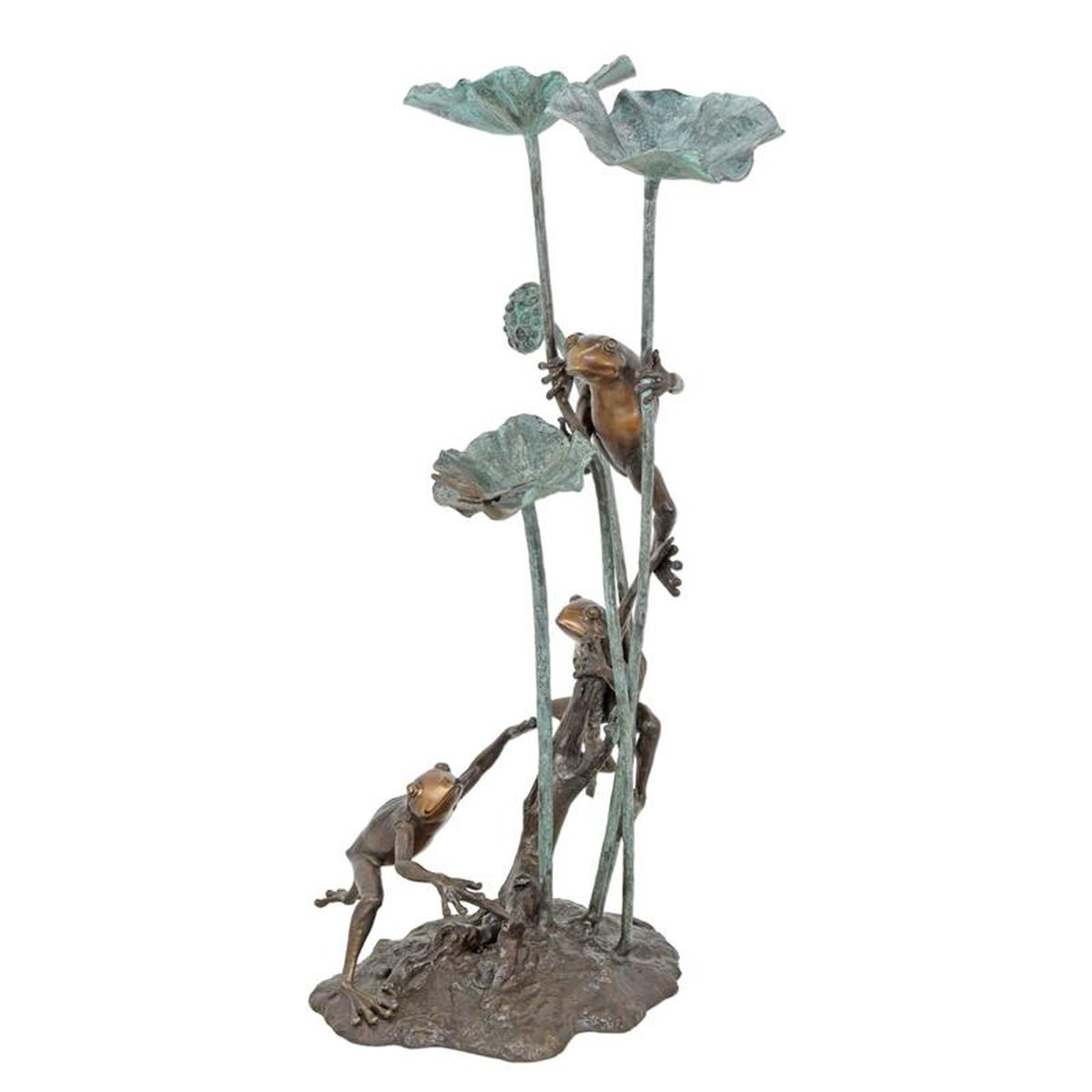 A BRONZE FROG FOUNTAIN AND BIRD BATH COMBINATION