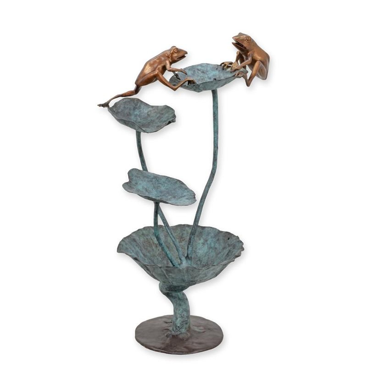 A BRONZE FROGS ON A WATER LILY FOUNTAIN