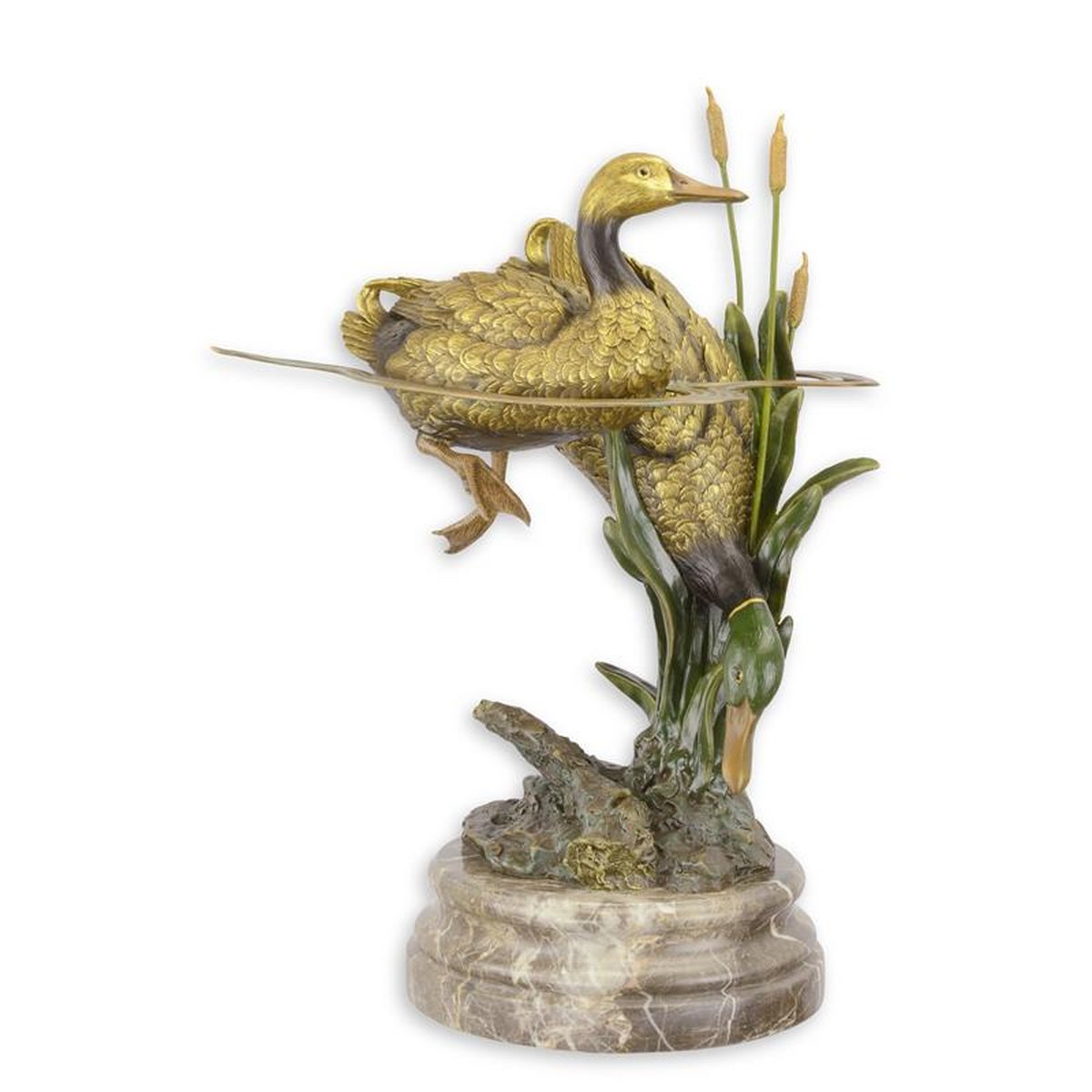 A BRONZE GROUP OF A PAIR OF DUCKS IN A POND