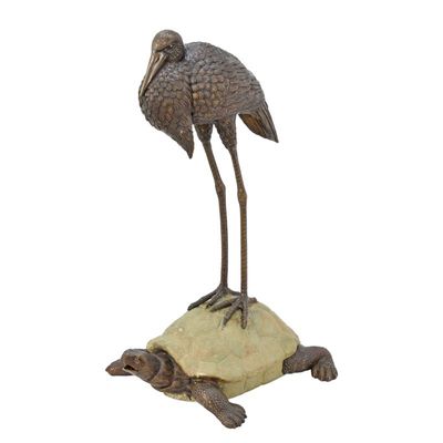 A BRONZE HERON AND TORTOISE FOUNTAIN