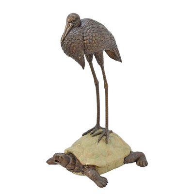 A BRONZE HERON AND TORTOISE FOUNTAIN