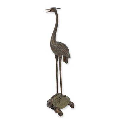 A BRONZE HERON AND TORTOISE FOUNTAIN