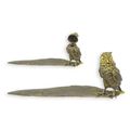 A BRONZE INKWELL WITH PEN HOLDER SHAPED AS AN OWL W. FEATHE