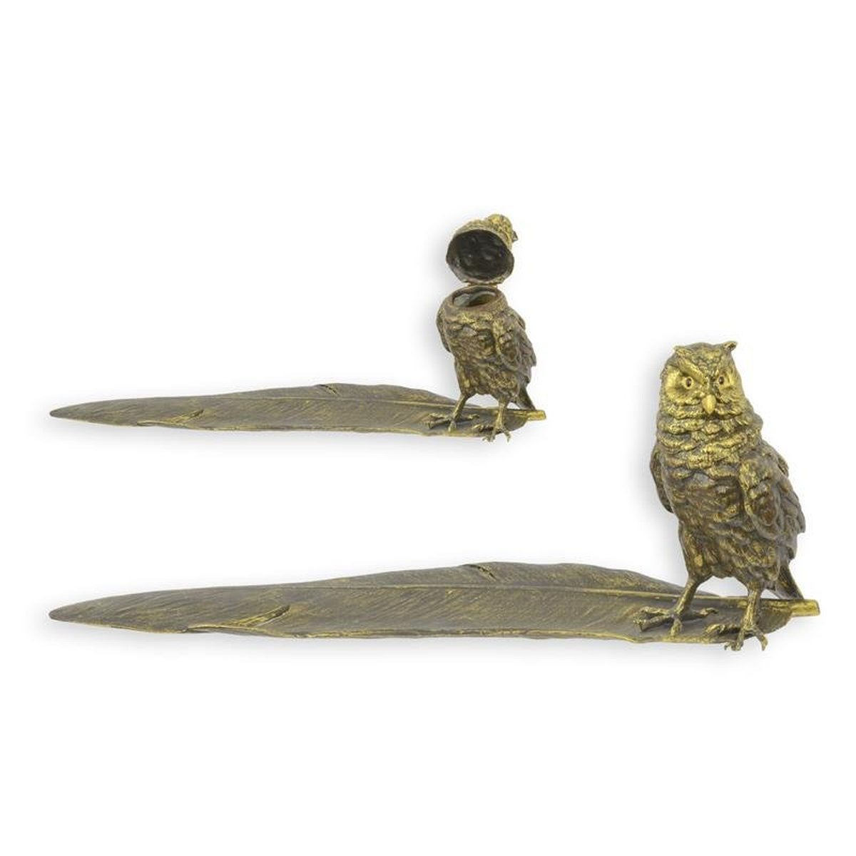 A Bronze Inkwell with Pen Holder Shaped as an Owl W. Feathe