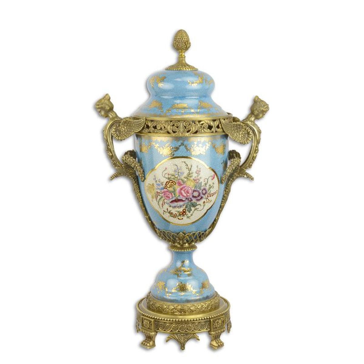 A BRONZE MOUNTED BLUE-GROUND PORCELAIN URN AND COVER