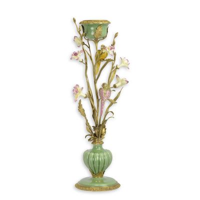 A BRONZE MOUNTED PORCELAIN CANDLE HOLDER