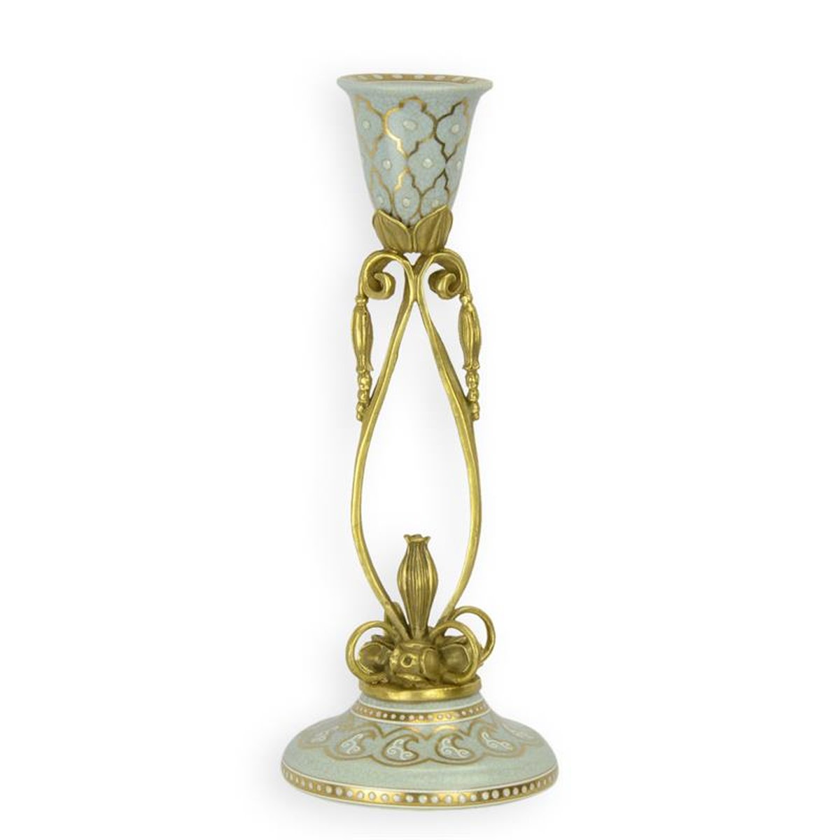 A BRONZE MOUNTED PORCELAIN CANDLE-STICK