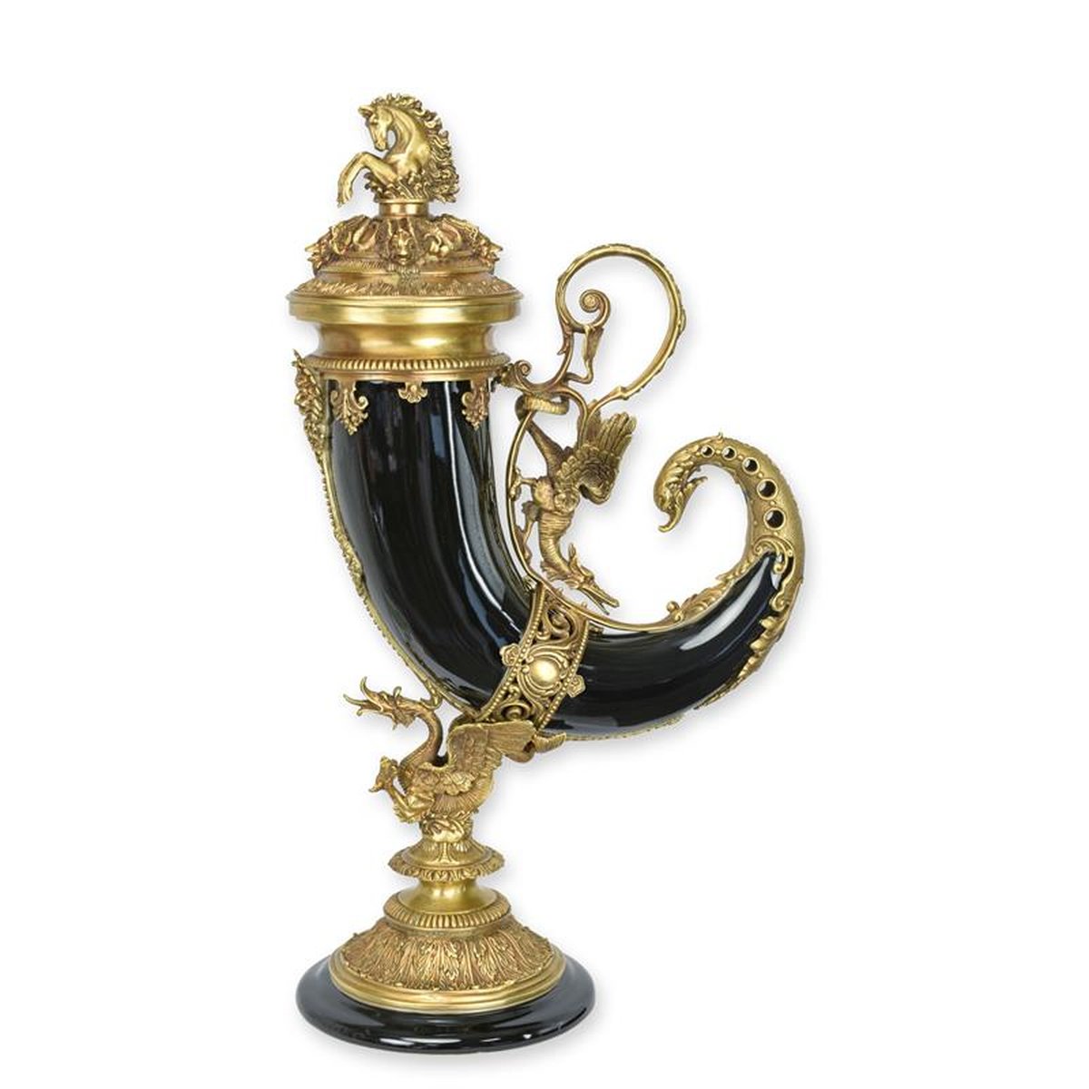 A BRONZE MOUNTED PORCELAIN CORNUCOPIA HORN
