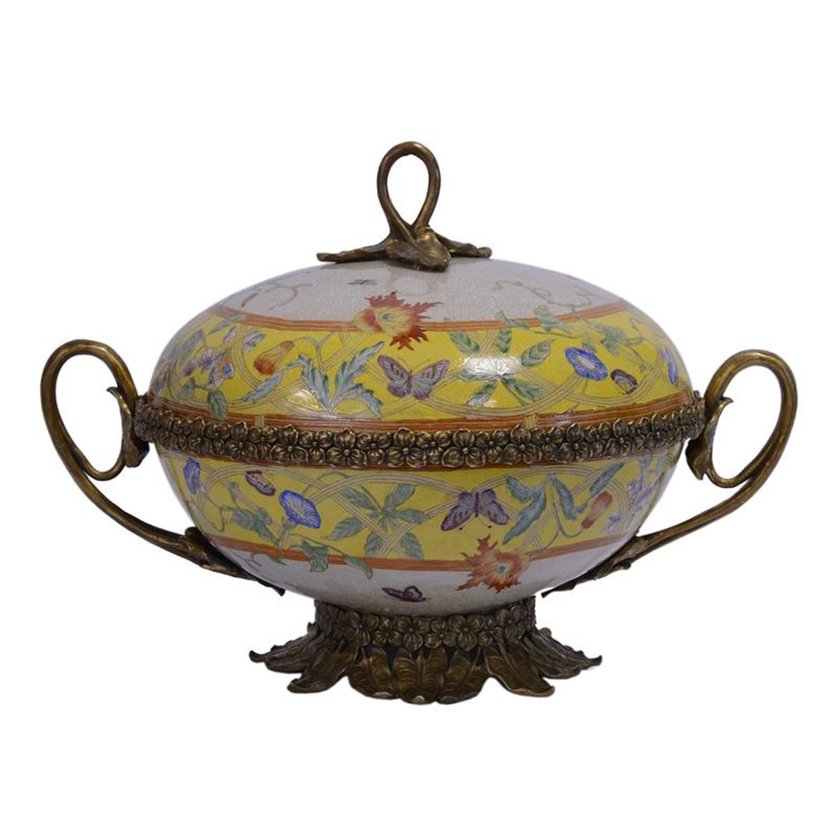 A BRONZE MOUNTED PORCELAIN COVERED BOWL