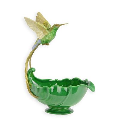 A BRONZE MOUNTED PORCELAIN HUMMINGBIRD PLANTER