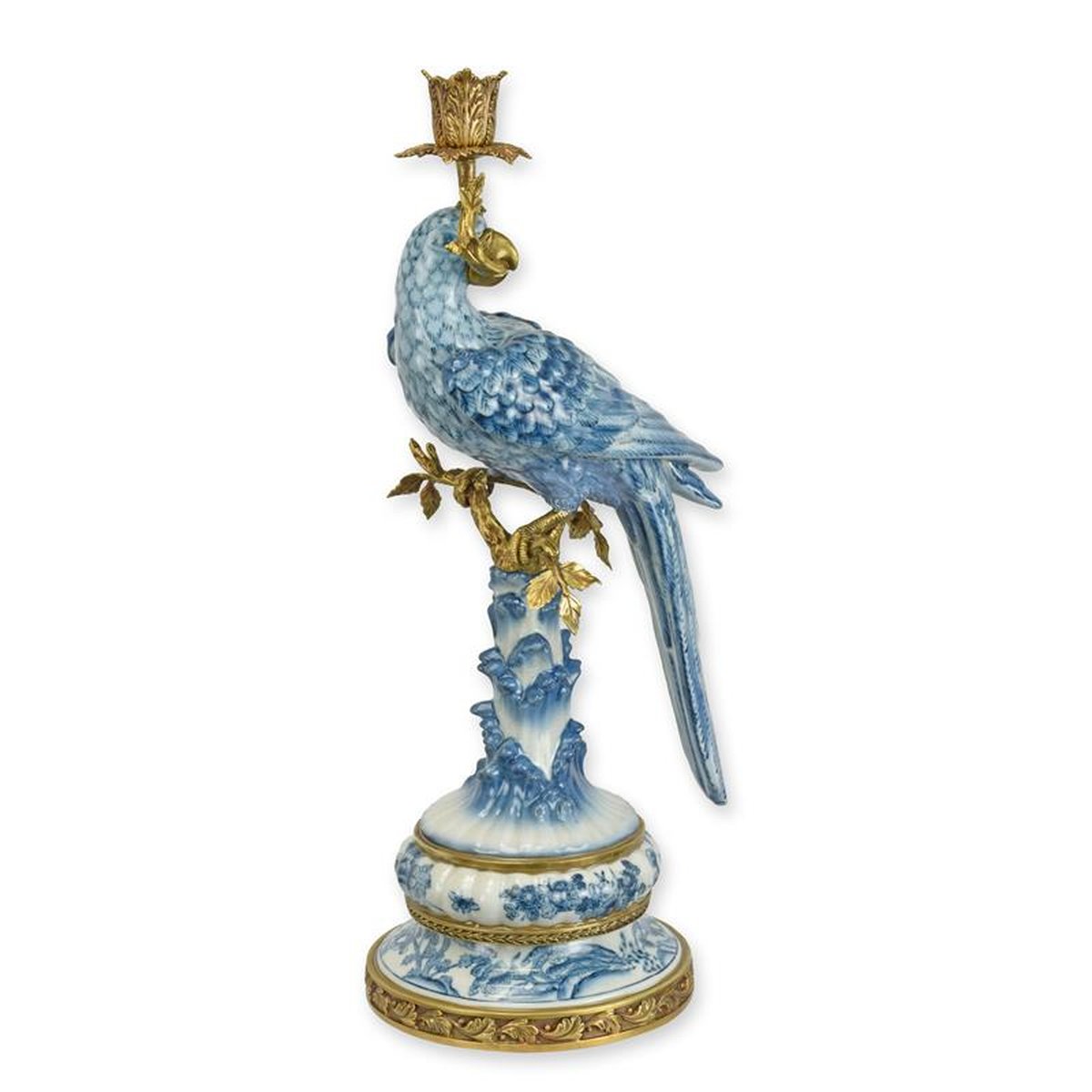 A BRONZE MOUNTED PORCELAIN PARROT CANDLE HOLDER