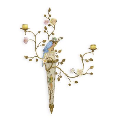 A BRONZE MOUNTED PORCELAIN TWO-BRANCH WALL APPLIQUE