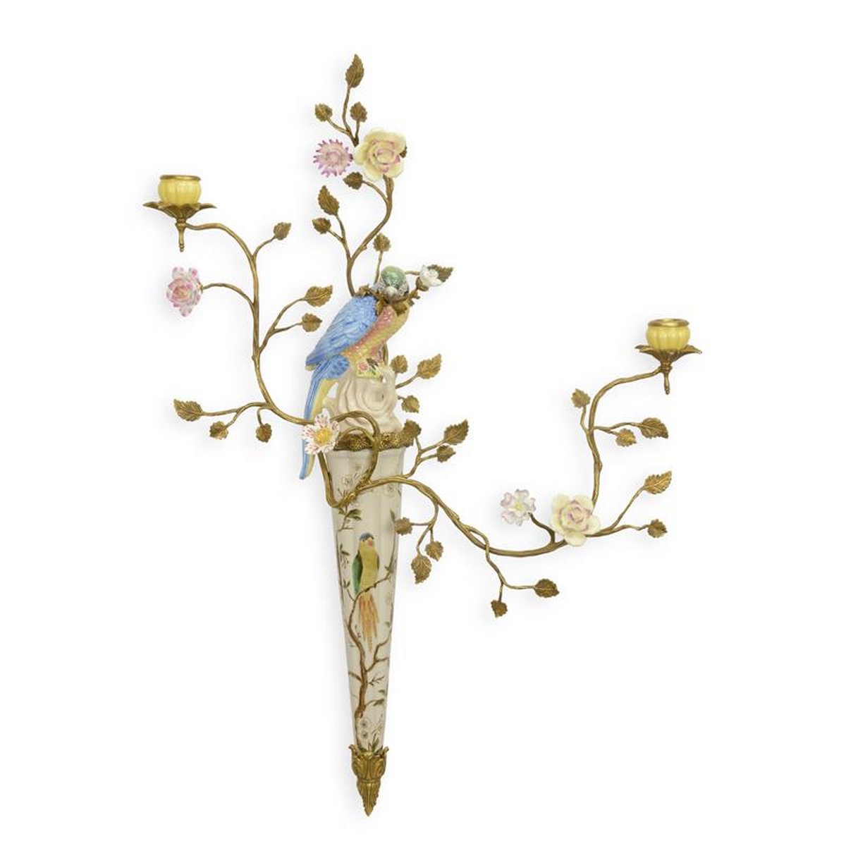 A BRONZE MOUNTED PORCELAIN TWO-BRANCH WALL APPLIQUE