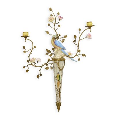 A BRONZE MOUNTED PORCELAIN TWO-BRANCH WALL APPLIQUE