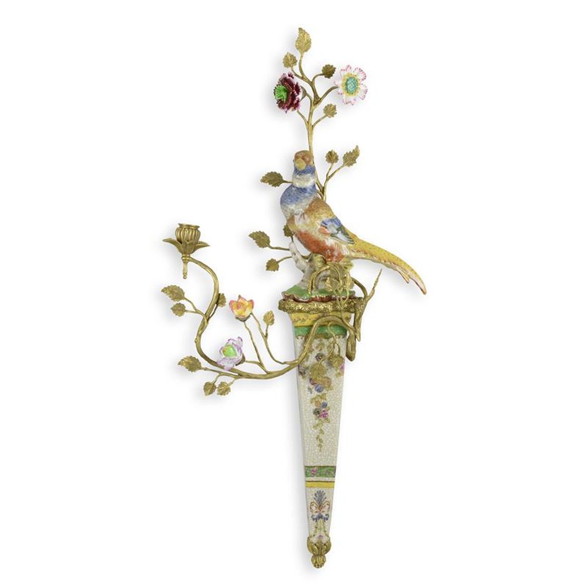 A BRONZE MOUNTED PORCELAIN WALL CANDLE HOLDER