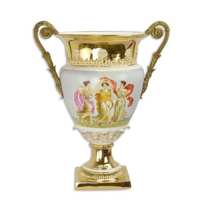 A BRONZE MOUNTED TWO HANDLED PORCELAIN URN