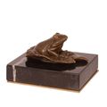 A BRONZE PAPERWEIGHT OF A FROG ON A LILY LEAF (BRASS PLATE U