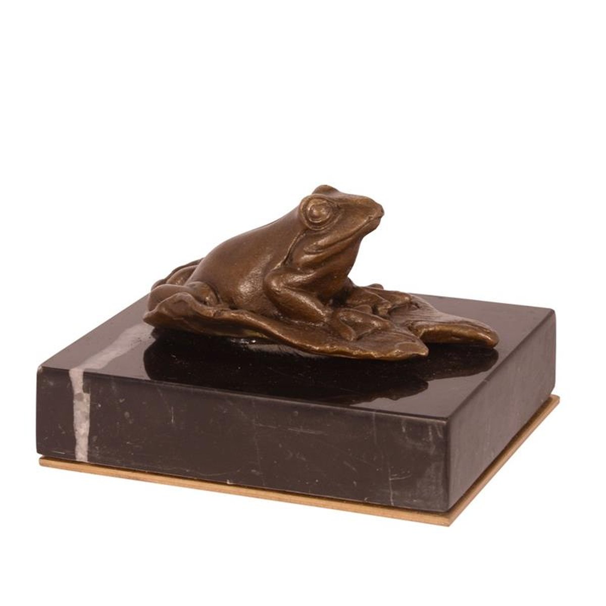 A BRONZE PAPERWEIGHT OF A FROG ON A LILY LEAF (BRASS PLATE U