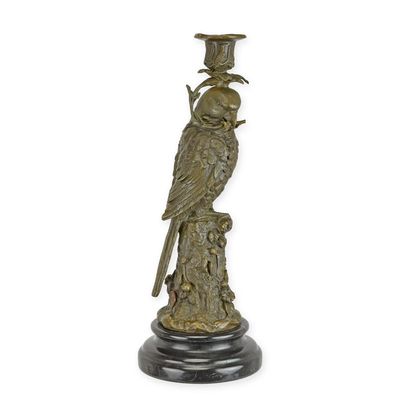 A BRONZE PARROT CANDLE HOLDER