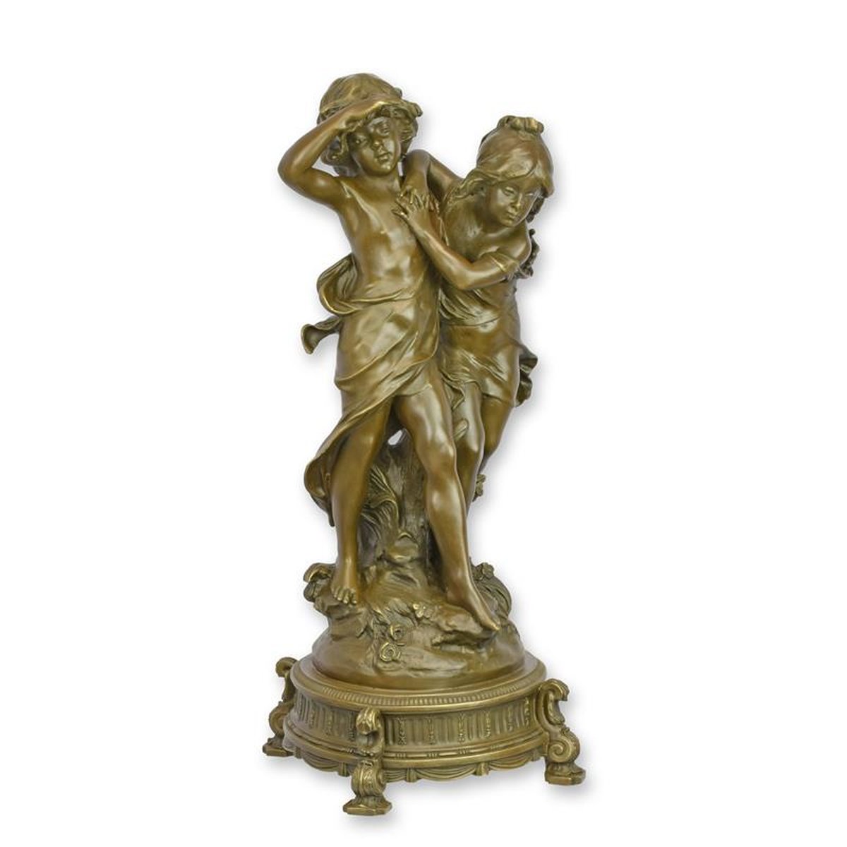 A BRONZE SCULPTURE OF A BOY AND GIRL