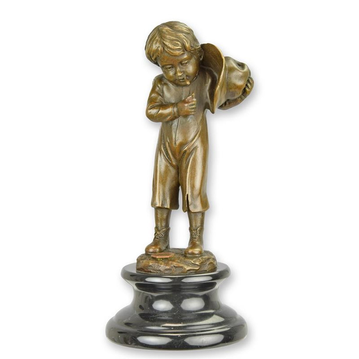 A BRONZE SCULPTURE OF A BOY LIGHTING A CIGARET